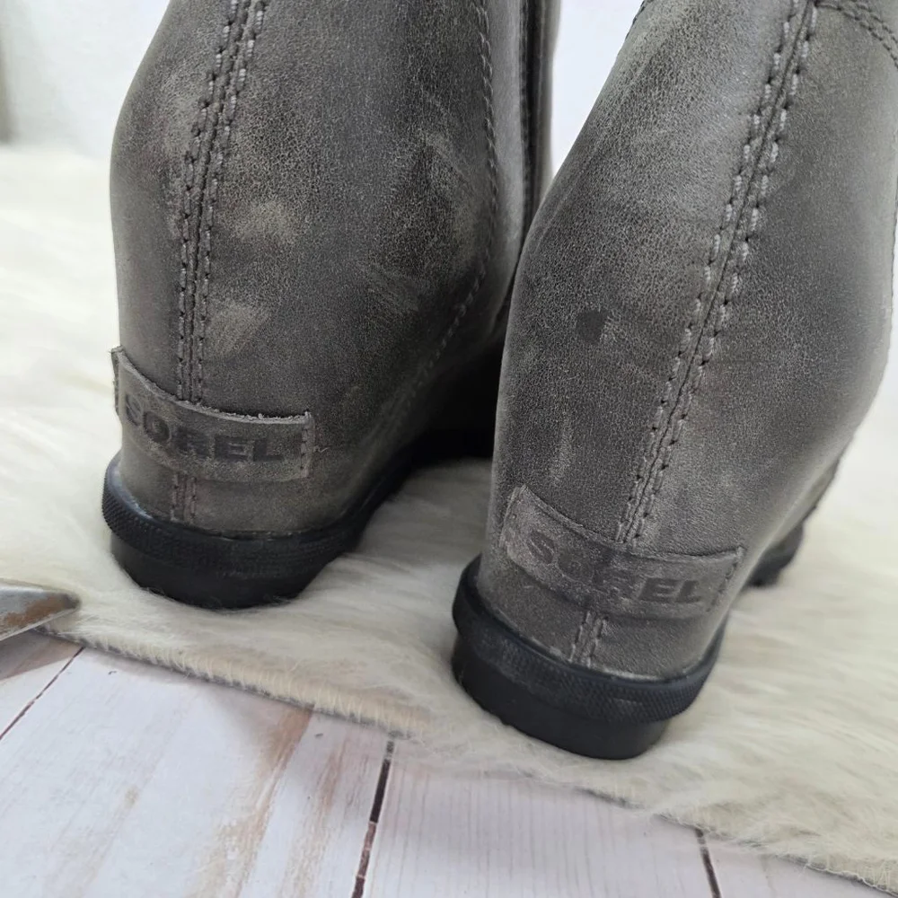 Sorel Joan of Arctic II Wedge Zip Bootie gray distress leather Women's Size 9.5